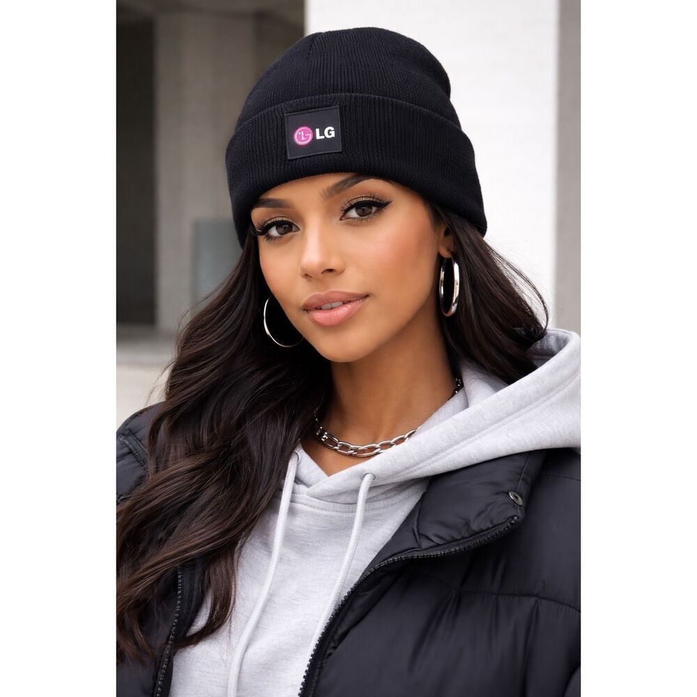 LG Logo Black Knit Beanie Hat Unisex Cuffed Winter Cap Corporate Tech New